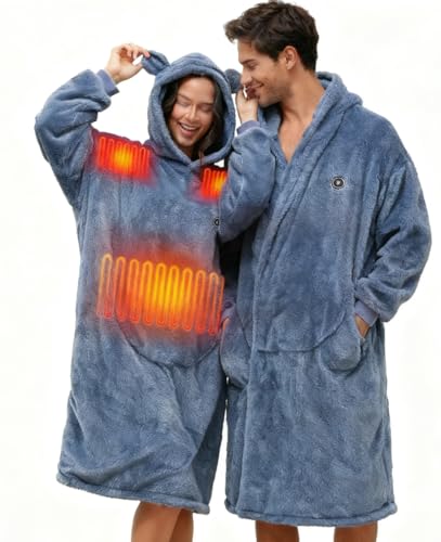 SEMANJLL Battery Operated Wearable Heated Blanket,Oversized Fleece Heated Hoodie Powered by 7.4V 16000mAh Battery Heated Snuggie (blue)
