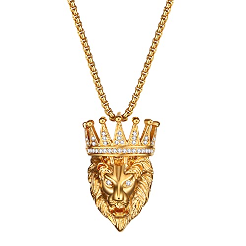 OIDEA Collier en Acier Inox pour Hommes-Collier Pendentif Tête de Lion Couronne-Placage-Or
