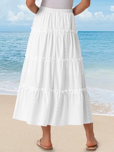 Seta T Women's Maxi Skirts Elastic Waist Tiered A Line Eyelet Skirt Ruffle Boho Long Summer Casual Skirt4