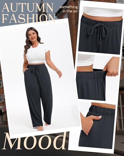 3 Pack Women's Plus Size Wide Leg Pants Drawstring Lounge Pants with Pockets Loose Yoga Sweatpants Casual Jogger4