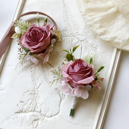 2 Pcs Roses Wrist Corsage Boutonniere Set for Wedding, Corsage Wr...