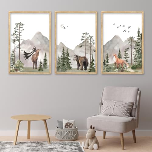 Image of Set Of 3 Wild Woodland Nursery Animals Wall Art Decor 16x11 Inch Safari Foggy Forest Deer Bear Fox Posters Wood Framed Sign Jungle Children's Boys Girls Room Watercolor Prints Hang (Wood)