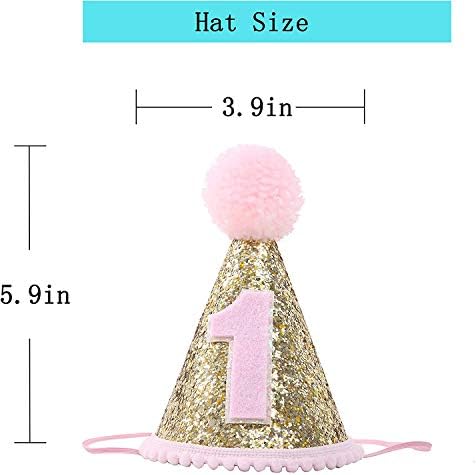 RONGRONG 1st Glitter Birthday Cone Hats with Pom Poms, Adjustable Headbands Sparkle Party Hats, Cake Topper Party Decorations (Pink 1)