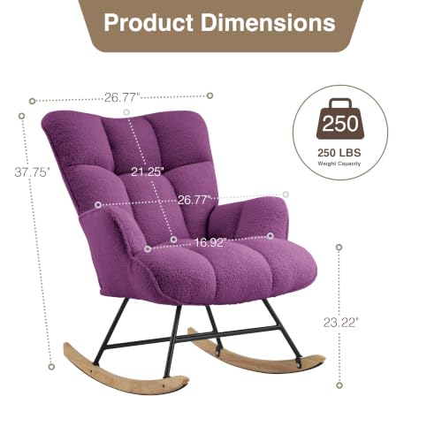 Image of SAETSFEG Rocking Chair Nursery Teddy Upholstered Glider Rocker Rocking Accent Chair Padded Seat with High Backrest Armchair Comfy Side Chair for Living Room Bedroom Office, Grape Purple