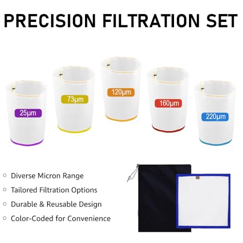5 Stück 5 Gallonen Mesh Bubble Bags, Bubble Bag Hash Sieb für Sustainable Filtration of Herbal Extracts, Presssieb und Aufbewahrungsbeutel Kit für Kräuterextraktion und Produktion(25 to 220-Mikron)