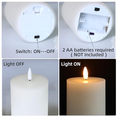 Image of 3 Pack Wax LED Flameless Candles with Remote Real Wax Battery Operated Electric Pillar Candle Set with Vertical Stripes 3D Black Wick for Home Party Wedding Decorations, White, D 3 x H 4 /5 /6 inch