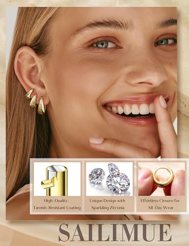 SAILIMUE 3 Pairs 14K Gold Plated Chunky Hoop Earrings for Women Trendy - image 3
