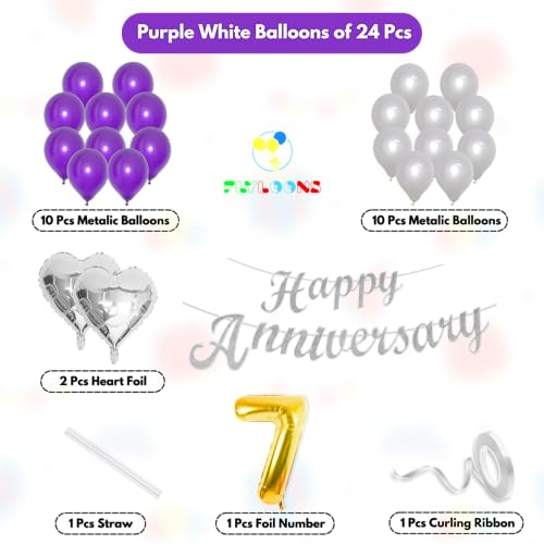 Image of Flyloons 7th Happy Anniversary Decoration Items Purple for Men Women Husband Wife Mom Dad Parent Couple Home Bedroom Car With 20 Pcs Metallic Balloons Anniversary Banner 2 Pcs Heart Set Kit