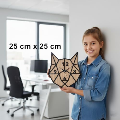 Image of cozyloom Geometric Animal Wall Clock Modern Wooden Fox Shape Analog Wall Clock for Living Room Bedroom Office Home Wall Decor Decorative Round Design (Wood & Black Frame)