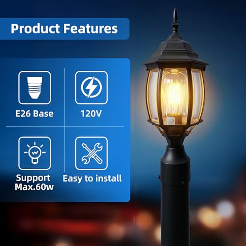 Image of 17 inch Black Outdoor Post Light Fixture, Pole Mount Outside Light for Garden Entrance Driveway Black Pillar Lantern 17 Inch Pier Mount Outdoor Lamp Post for Front Yard