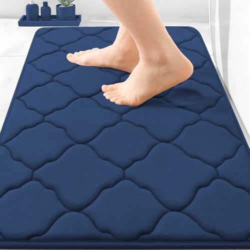 OLANLY Memory Foam Bath Mat Rug 30x20, Soft and Absorbent Bathroom Rugs, Non-Slip, Comfortable, Machine Washable Bath Carpet for Bathroom Floor, Tub, Shower and Home Decor Accessories, Navy