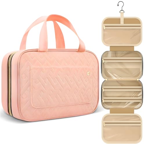 Neceser para Mujer, Neceser de Viaje Rosa, Necesers Transparente Colgante, Organizador de Cosméticos Grande y Portátil con Gancho para Cosméticos y Artículos de Aseo