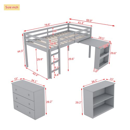 KEIKI Twin Size loft Bed with Pull-Out Desk & Drawers & Open Shelves, Wood Loft Bed with Guardrail, Low Twin Bed for Kids, Grey