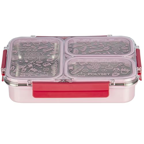 Image of Polyset Munch Mate 800 3 PARTITION - Pink PU Insulated Lunch Box with Partitions | Keeps Food Warm | Office & School Pack of 1 800ml