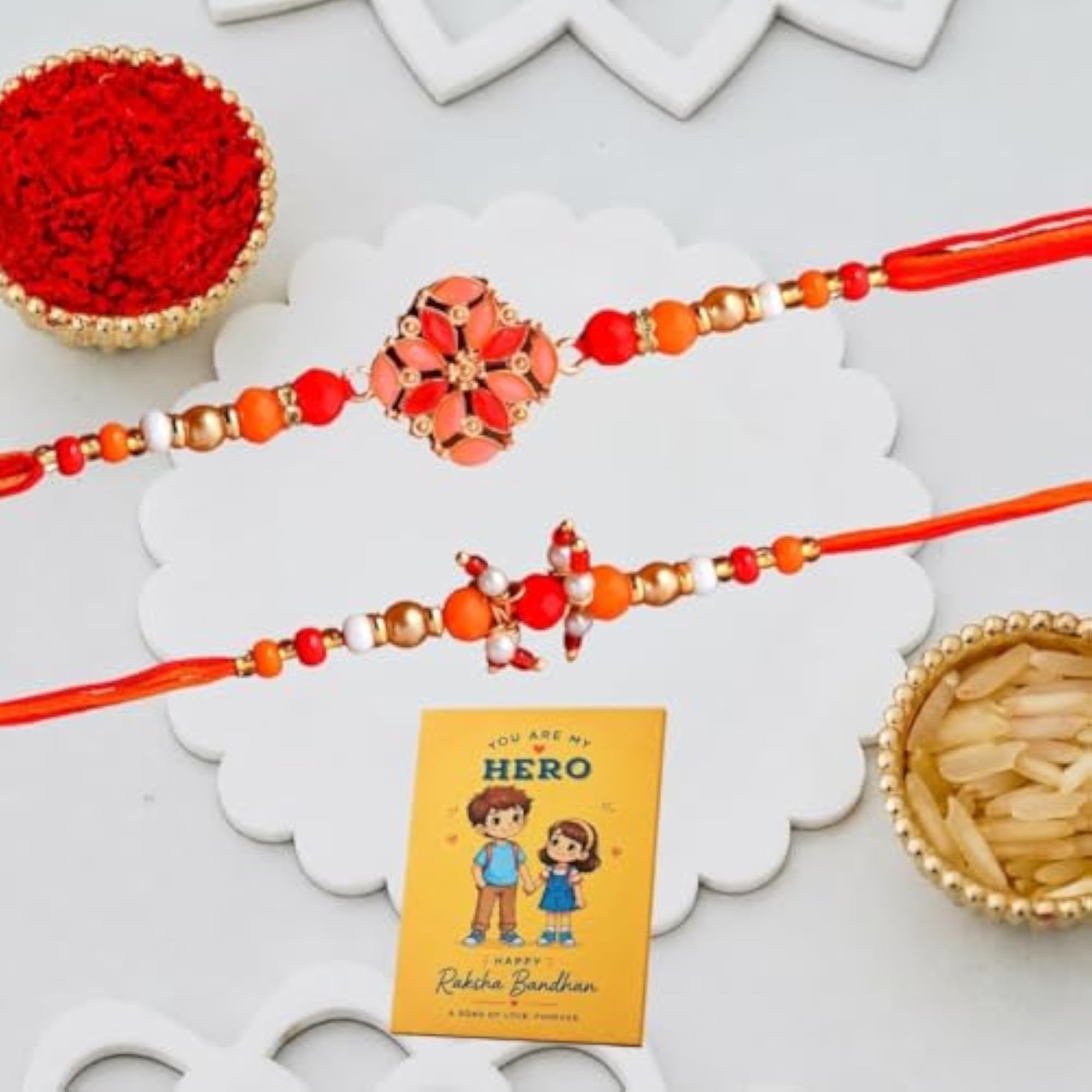Handmade Designer Rakhi Combo with Roli and Fridge Magnet