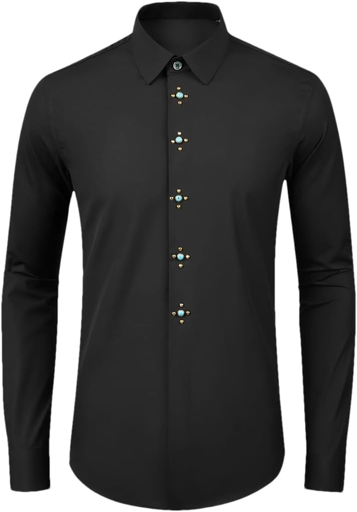 Men Business Dress Shirts Social Banquet Party Stage Costumes Gemstone Rivet Decoration Shirt