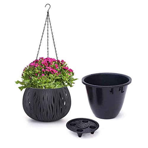 Moollyfox Pot de fleurs suspendu extérieur - Diamètre : 25 cm - Avec chaînes inoxydables - En plastique - Pour l'extérieur - Avec trou de drainage - Pour l'extérieur, l'intérieur, le plafond