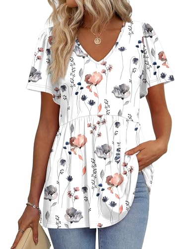 Image of OFEEFAN Womens Summer Tops Babydoll Short Sleeve Shirts Puff Sleeve Peplum Tops V Neck T Shirts