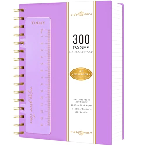 NIRMIRO A5 Notebook Notepad, 300 Pages Wirebound Spiral Notebooks for Women Writing, Hardback Thick Note Book with 100GSM Lined Paper, No Bleed, PVC Cover Note Pads Writing Pad, 14.5 x 20.7cm, Purple