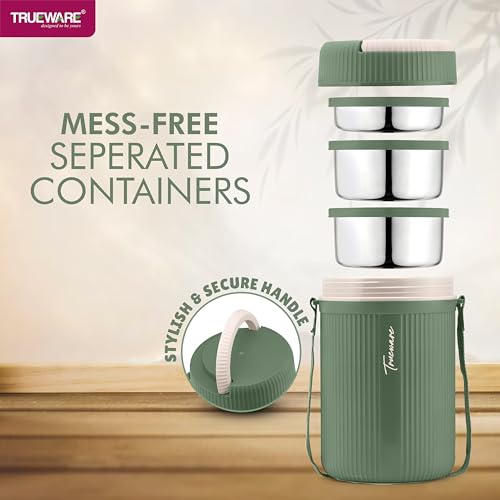 Image of Trueware Plastic Grub 2 Double Wall Insulated Hot Lunch Box with 2 Ss Container 300 Ml Each & 1 Ss Container 200Ml | Bpa Free | Food Grade | Hot and (LBI-GRB-002-Green BAZ)