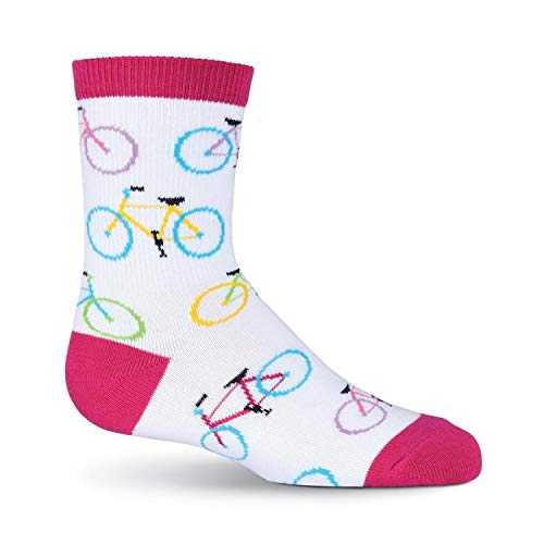 K.Bell Kid's Colorful Bikes Crew Socks; Size: Fits Kids Shoe Size: 7-8.5 - White; with a Helicase Sock Ring