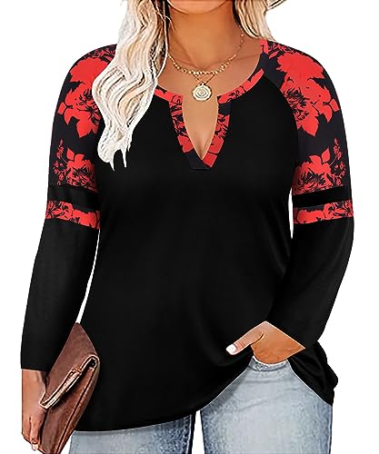 Image of CARCOS Plus Size Tops for Women Long Sleeve Fall Tunic Color Block Camo /Plaid /Leopard /Fall Blouse Crewneck Tshirt XL-5XL