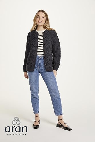 Image of Aran Woollen Mills Achill Women's Irish Cable Knit Aran Cardigan, 100% Merino Wool, Made in Ireland, Cream