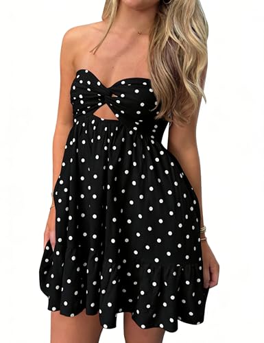 Image of HOCANDY Womens Strapless Mini Dress Twist Knot Front Cut Out Babydoll Dress Smocked Backless Ruffle Hem Tube Dresses