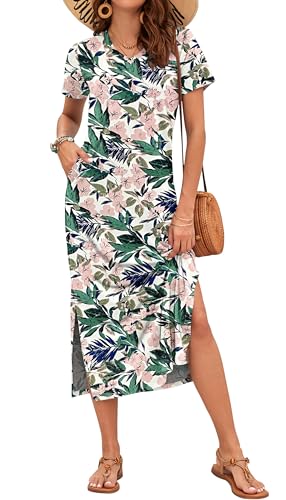 MISFAY Women Summer Midi Dresses Casual Loose Short Sleeve Dress Split Maxi Beach Sundress Travel Vacation Dress with Pockets