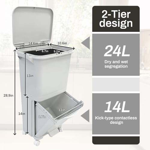 Image of 2 Tiers Kitchen Garbage,Sorting Trash Cans with Wheels,Trash and Recycling Combo,Dry and Wet Separation Can,Classification Trash Bin,Large Capacity Kitchen Plastic Garbage Can,Recycle