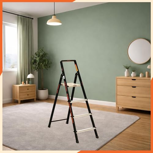 Image of Prime Magnus 4-Step Hybrid Step Ladder | Steel Frame + Aluminium Steps | Heavy Duty Ladder for Home | Anti-Skid Platform | 150 KG Load Capacity | 5 Year Warranty | Made in India | Black & Silver
