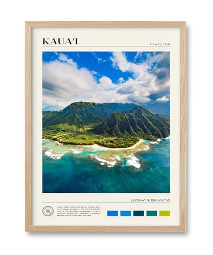 HesenDot Natural OAK Wood Framed Hawaiian Archipelago Wall Art,12x16in Kauai Quality Canvas Wall Print,Classic Urban Landmark Wall Decor for Living Room,Bedroom,Office Gallery Set of 1