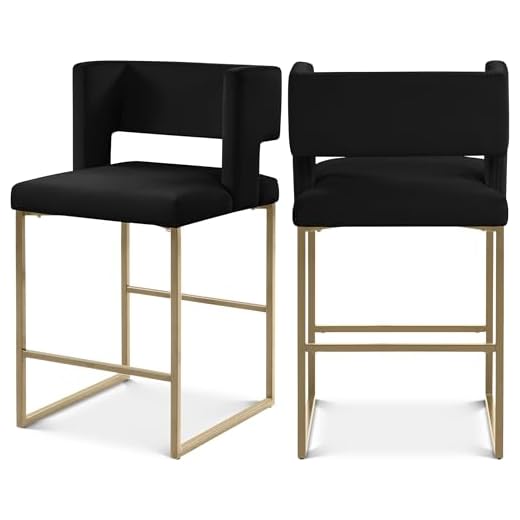Meridian Furniture Caleb Collection Modern | Contemporary Counter Height Stool with Unique Square Back and Sturdy Iron Legs, Set of 2, Black Velvet, 19.5" W x 20.5" D x 36" H