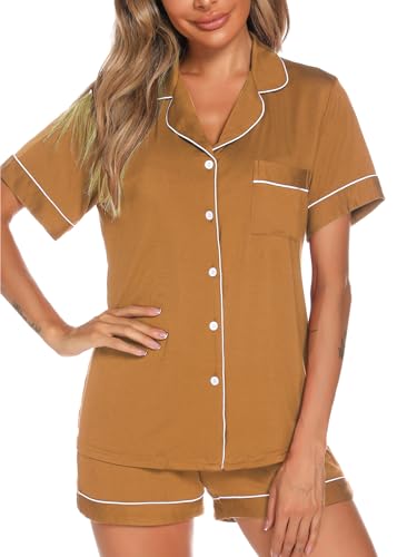 Image of Aamikast Button Up Pajama Set for Women Shorts Short Sleeve Knit Sleepwear 2 Pice Pjs Sets