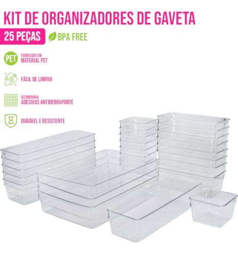 House Organizer Kit 25 Peças Conjunto De Organizadores De Gavetas De Plástico Transparente, 4 Tamanh
