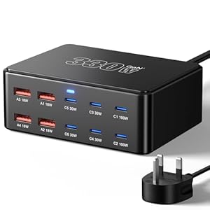 330W 10-Port USB Charging Station, GaN III USB Charging Hub, PD 100W 65W 45W 30W 20W Laptop & Phone Fast Charger Plug, Compatible with MacBook Pro/Air, Dell XPS, iPhone 17/16/15/Pro, iPads, Steam Deck