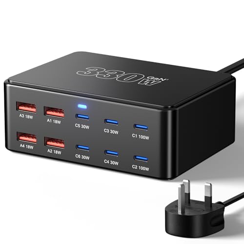 330W 10-Port USB Charging Station, GaN III USB Charging Hub, PD 100W 65W 45W 30W 20W Laptop & Phone Fast Charger Plug, Compatible with MacBook Pro/Air, Dell XPS, iPhone 17/16/15/Pro, iPads, Steam Deck