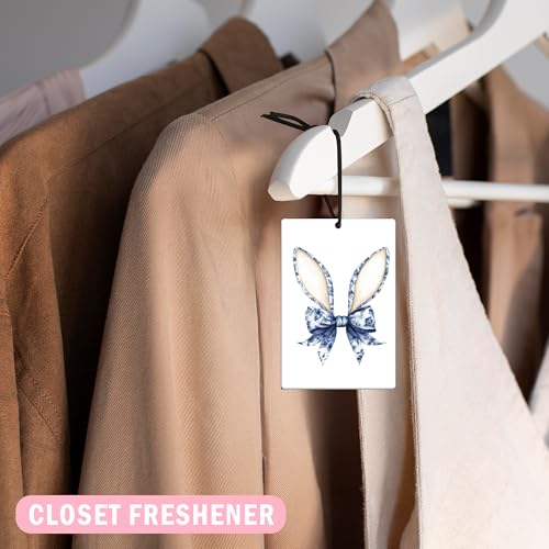 Image of Chinoiserie Christian Easter Car Air Freshener 4Pcs, Blue and White Chinoiserie Bunny Rabbit Egg Air Freshener for Car Interior Closet Drawer Books, Religious Easter Car Mirror Decor Hanging