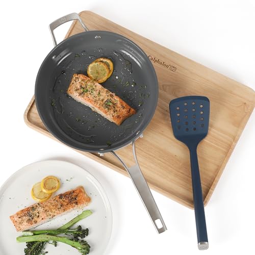 Image of Calphalon Edge 6-Piece Stainless Steel and Silicone Kitchen Tool Set, Kitchen Utensil Set, Scraper, Skimmer, Spoon, Ladle, Turner, Pasta Server, Heat Resistant Nonstick Safe Cooking Utensils (Navy)