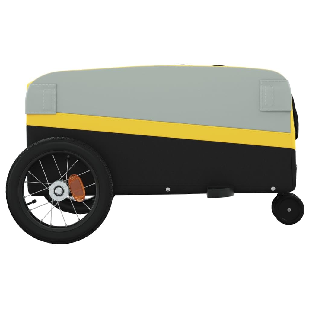 Remolque de bicicleta negro de hierro con capacidad de carga, 122 x 52,5 x 42, barra de tracción y bandera de seguridad, ideal para transporte de equipaje, compras, niños, perros y actividades