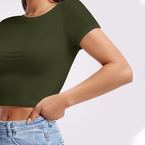 Generic Blusa feminina cropped gola redonda manga curta stretch camiseta cropped cor sólida para tre