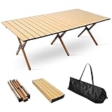 FYY アウトドアテーブル 折りたたみ 軽量 コンパクト 幅120×60cm 耐荷重100kg 折り畳みテーブル ロールテーブル 簡単組立 収納バッグ付 キャンプ アウトドア ウッド調 インテリア BBQ 運動会 お釣り ソロキャン（原木色）