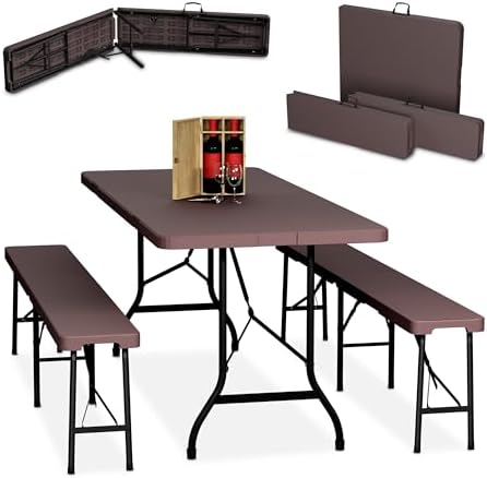 Relaxdays Folding Garden Set, 3 Pieces, Outdoor Table, 2 Patio, Camping or Reception Benches, 180 cm, Brown Relaxdays Folding Garden Set, 3 Pieces, Outdoor Table, 2 Patio, Camping or Reception Benches, 180 cm, Brown