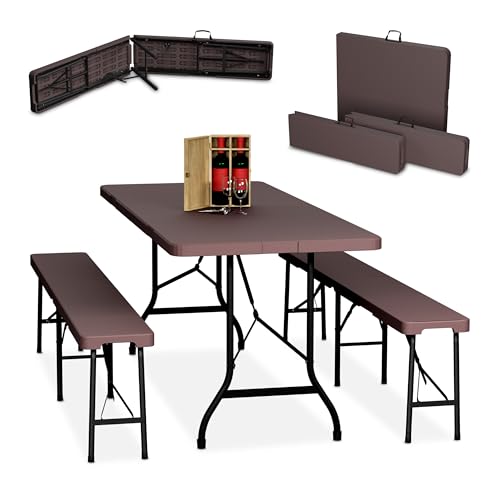 Relaxdays Ensemble Table Pliante et 2 bancs, pour Jardin, pavillon ou Camping, 180 cm, pour Les fêtes, Marron