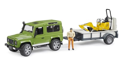 Bruder Land Rover Defender Rigid Drawbar Trailer Jcb Micro Excavator and Construction Worker