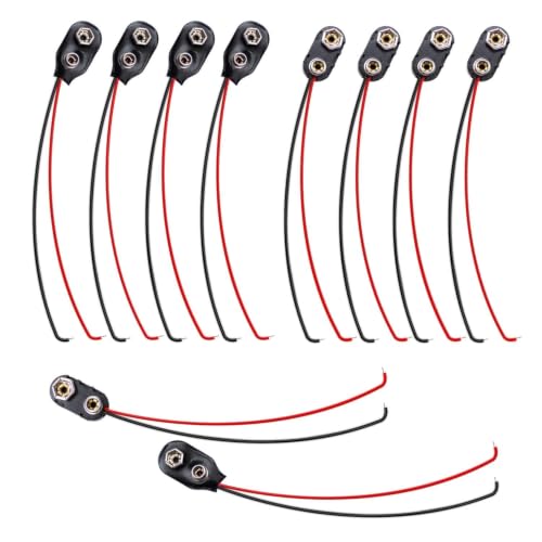WJUAN 10 Piezas Conector de Batería de 9V Cable Conectores Battery Snap con Cable de Conexión de 15 cm para Bloques de 9 V, Plástico en Forma de I y Clip de Soporte de Batería de Cuero (Negro)