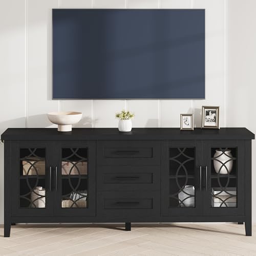 GarveeHome Farmhouse TV Stand with Glass Door for 70 Inch Tv, Mid Century Modern Entertainment Center for Living Room, Rustic Television Stands 2 Stor