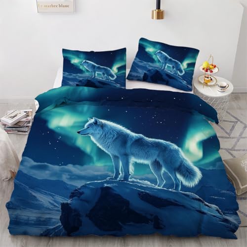 RFFLUX 3D Loup Housse de Couette 140x200 cm 1 Personne 3 Pièces Réversible Ultra Doux Aurore Parure de Lit avec Fermeture éclair avec 2 Taies d'Oreillers 50x75...