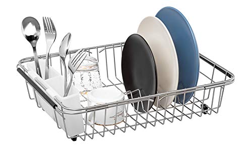 SANNO Dish Drying Rack, Expandable Dish Drainer Over Sink in Sink On Counter with Utensil Silverware Storage Holder, Rustproof Stainless Steel - Thumbnail 4
