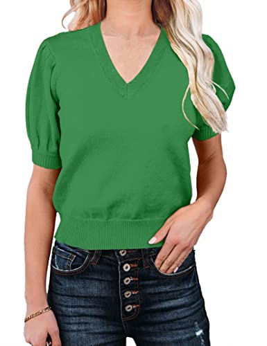 Image of Womens Puff Short Sleeve Sweater Tops Crewneck Basic Knit Pullover Lightweight Solid Casual Sweaters